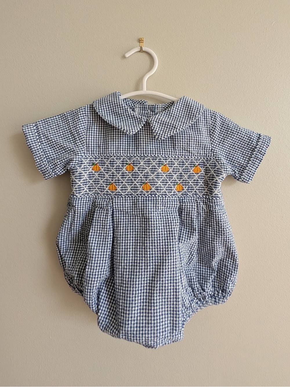 Blue Gingham Smocked Baby One-Piece with Pumpkin Embroidery